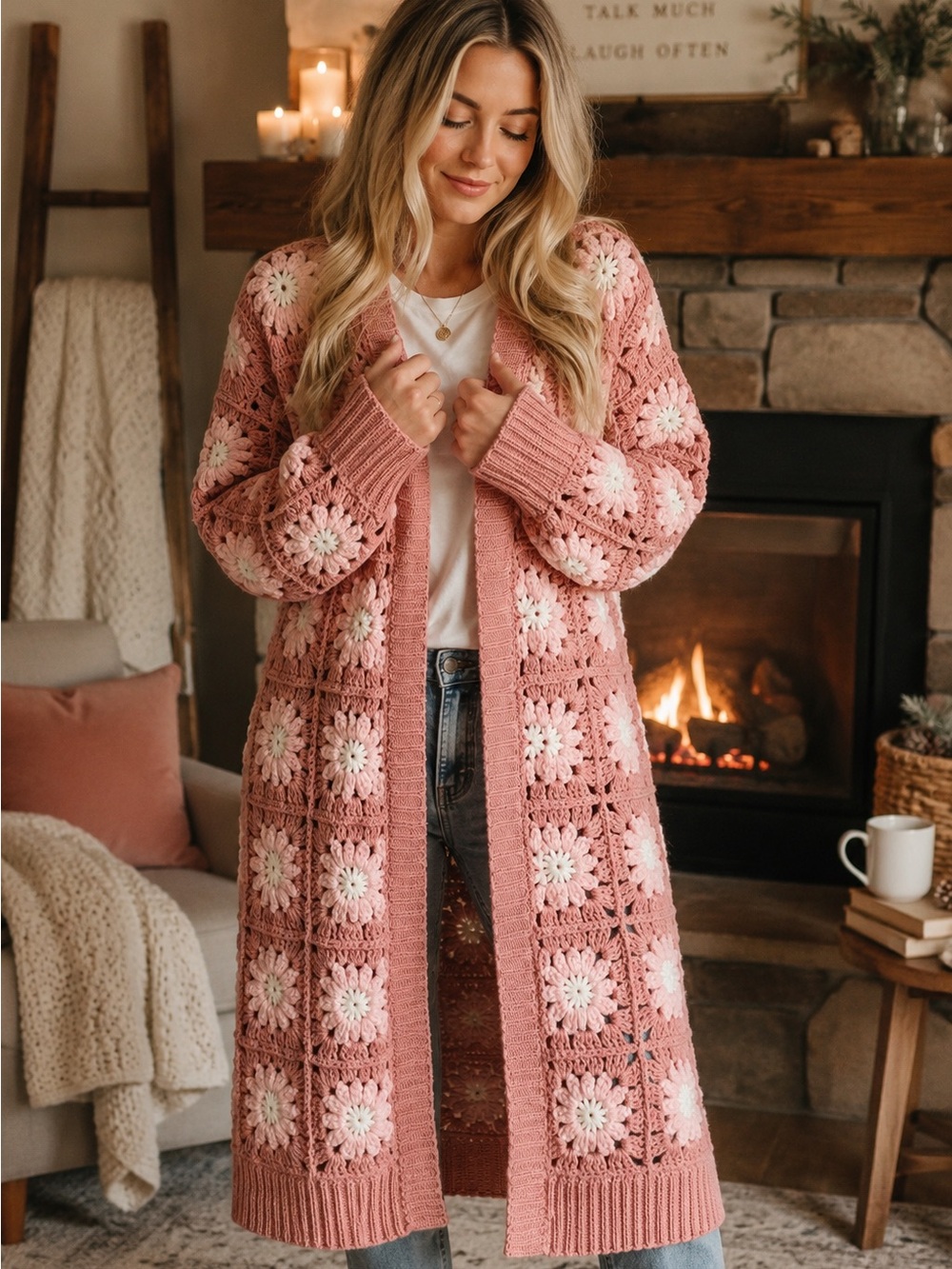 Dreamers Pink Crochet Floral Long Cardigan